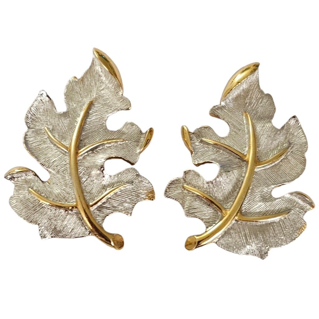 Judy Lee Silver Tone, Gold Tone Large Leaf Clip On Earrings, Signed L235